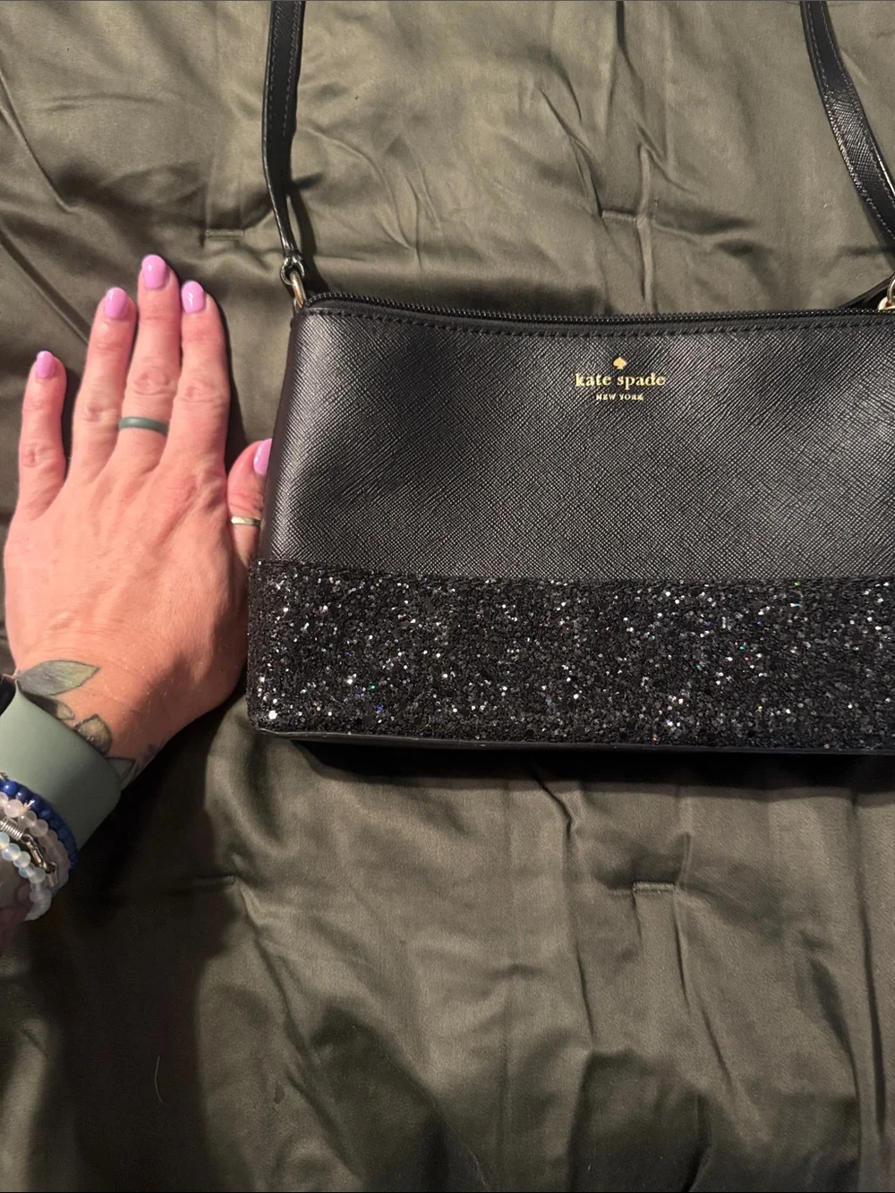 kate spade black crossbody with glitter trim